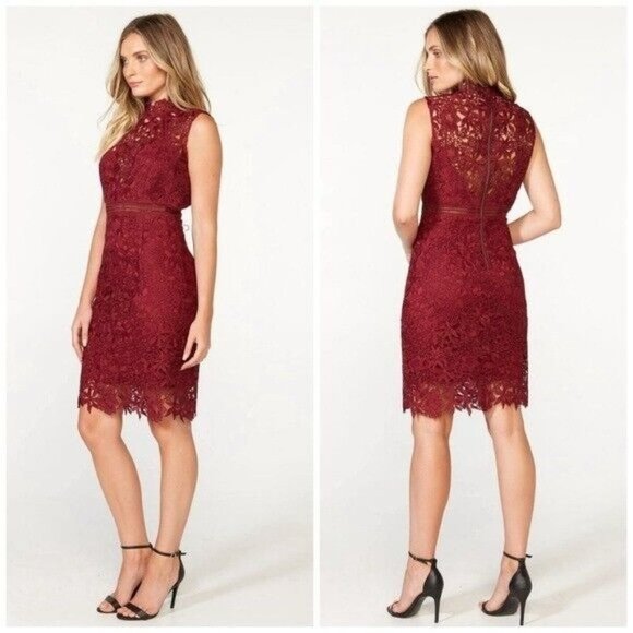 Bardot Dresses & Skirts - Bardot  Womens Burgundy Lace Zippered Mock Neck Floral Cocktail Sheath Dress 10